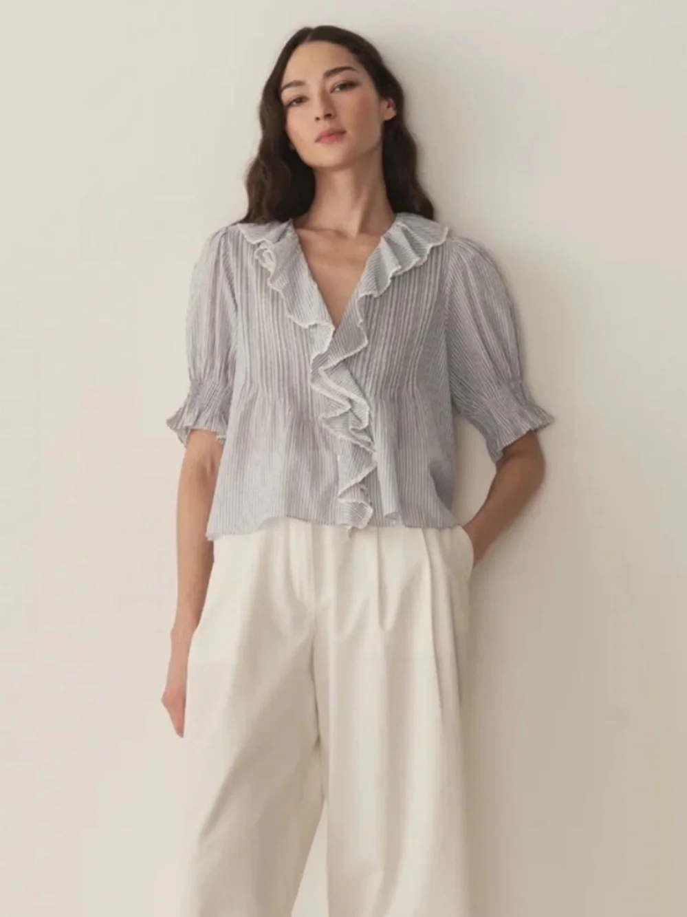 Doen Henri Cotton Ruffle Trim Pintuck Short Puff Sleeve Top Adelaide Stripe Blue